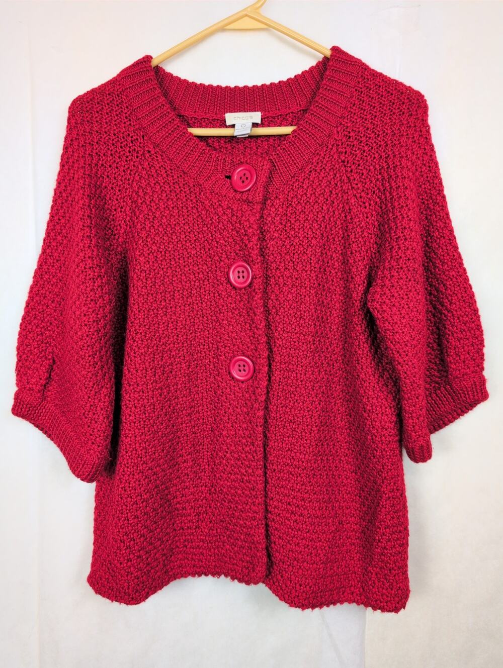 Chicos red chunky button up cardigan sweater Size 0/Sm 3/4 sleeve Preppy Classic